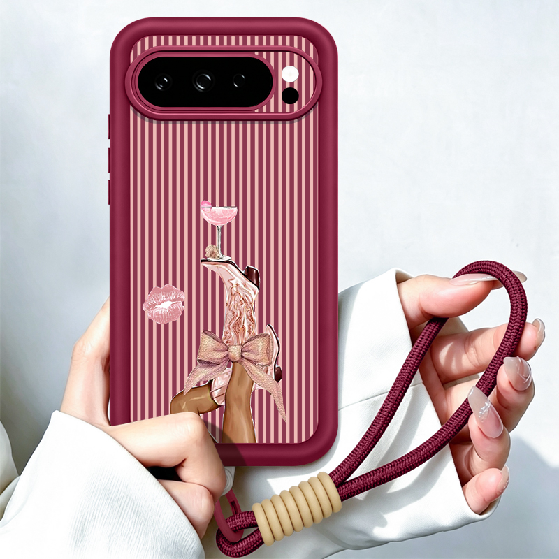 Google Pixel 8A - 줄무늬 와인잔 패턴의 스트랩형 휴대폰 케이스